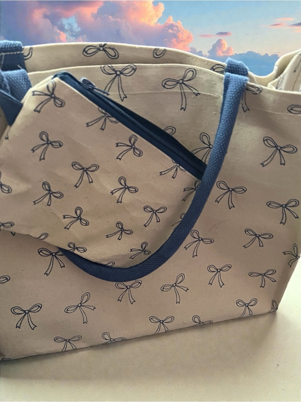 Cream Canvas Tote with Navy Bow Print and Navy Handles